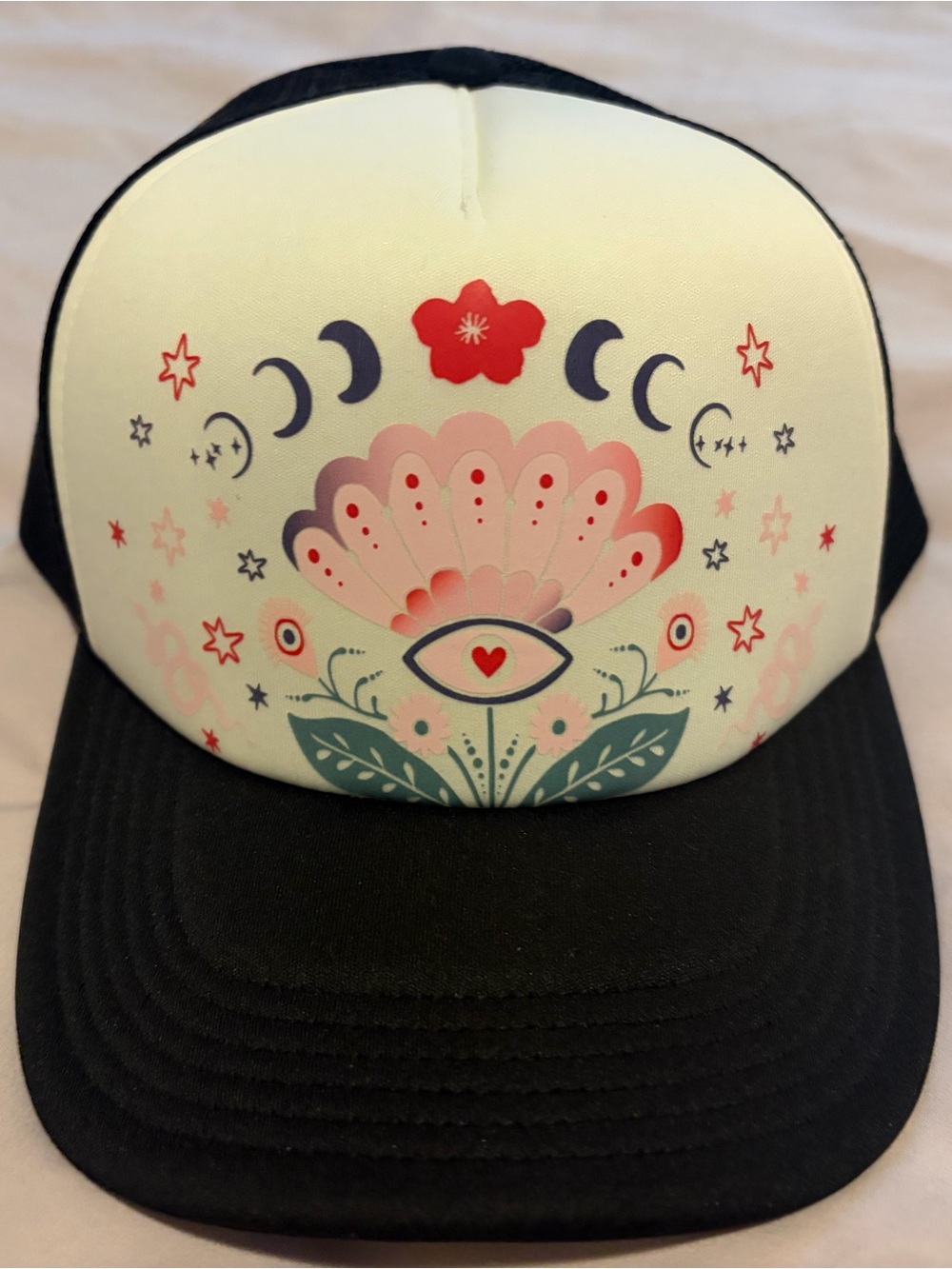 Spiritual Gangster Floral Moon Trucker Hat - Black, Pink & Green